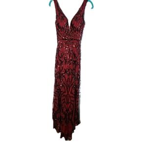 Sequin Formal Gown Dress Sz 0 Red Plunge Sequins Slit Train Vamp Witch Prom HOCO